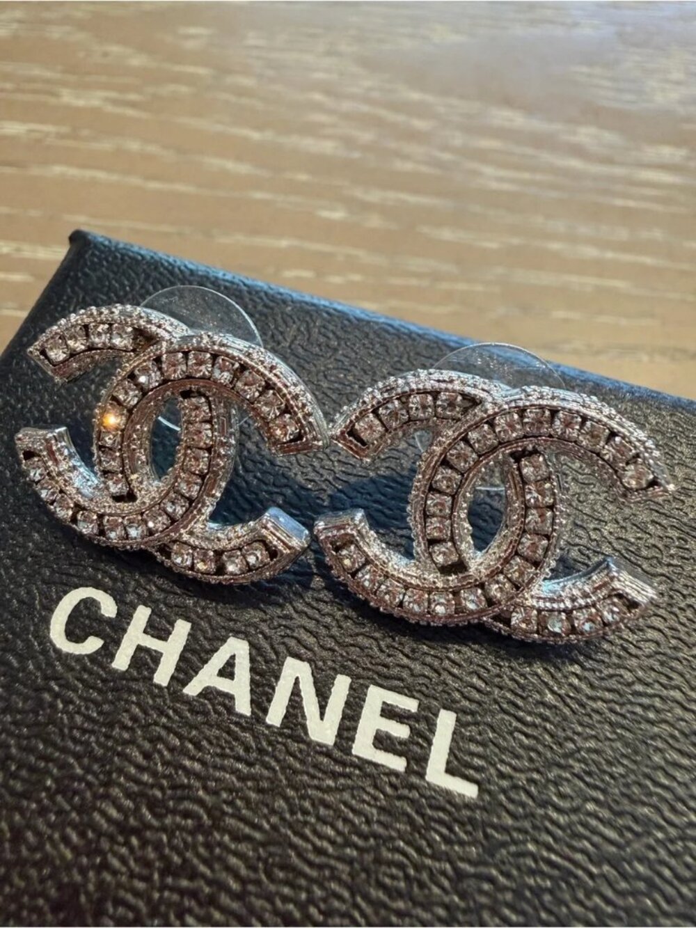 Chanel Silver Tone Crystal Encrusted Interlocking CC Logo Stud Earrings